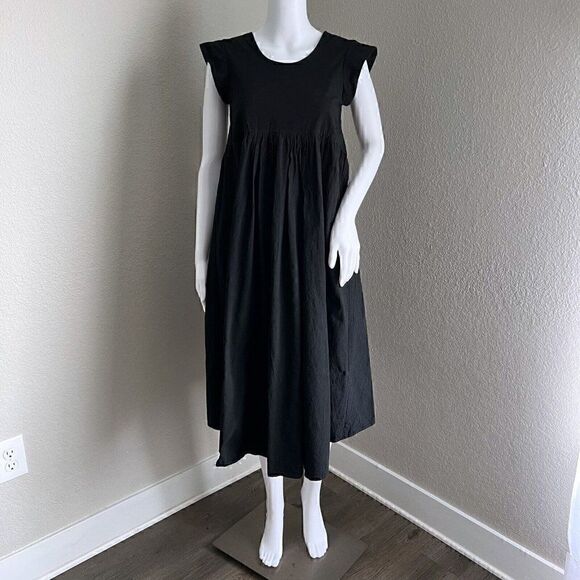 Datura Empire Waist Dress Size 1 S Black Cap Sleeve Midi 100% Cotton VBack Spain - Picture 1 of 9